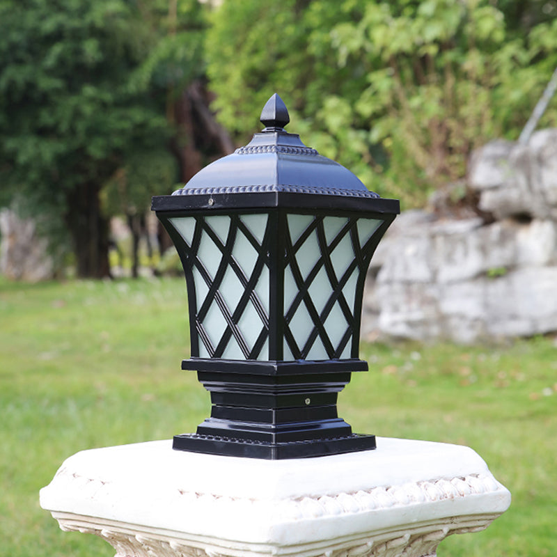 Rustic Flared Square Pillar Lamp 1-Light Frost Glass Post Lighting Fixture for Courtyard Black C Clearhalo 'Wall Lamps & Sconces' 'Wall Lights' Lighting' 2108252
