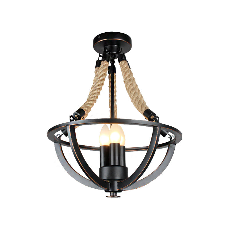 Black 3-Light Pendant Chandelier Industrial Metal and Rope Candle Hanging Light for Living Room Clearhalo 'Ceiling Lights' 'Chandeliers' Lighting' options 210828