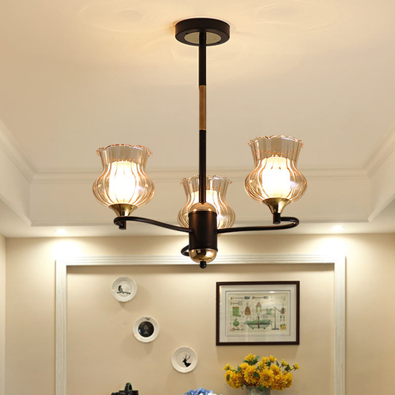 Sputnik Living Room Ceiling Chandelier Classic Tan Textured Glass 3/6/8 Lights Black Hanging Fixture 3 Black Clearhalo 'Ceiling Lights' 'Chandeliers' Lighting' options 210851_919665c4-fa3b-4a9e-ac57-4aa49c9947c3