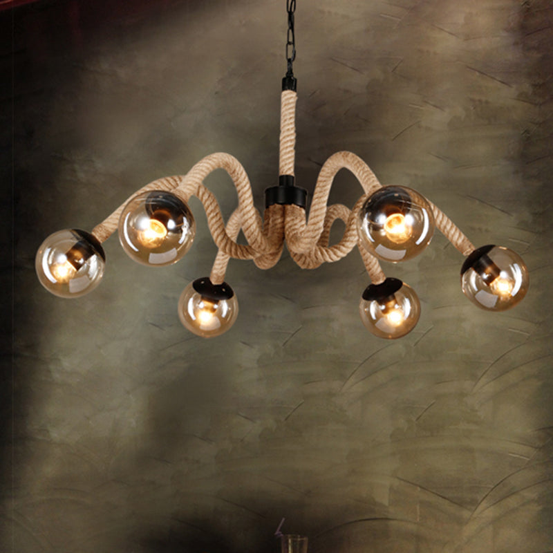 Radial Rope Chandelier Light Traditional 6 Lights Living Room Pendant Lighting with Amber Glass Globe Shade Clearhalo 'Ceiling Lights' 'Chandeliers' Lighting' options 211634