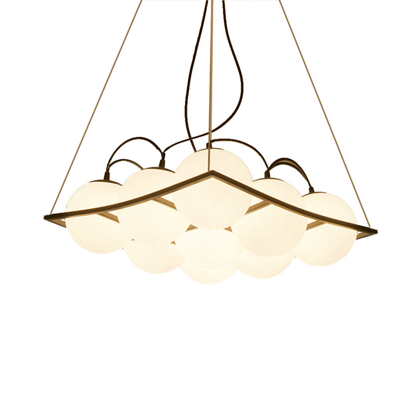 Globe Living Room Ceiling Chandelier Traditional Frosted Glass 4/9 Lights White Hanging Fixture with Square Frame Clearhalo 'Ceiling Lights' 'Chandeliers' Lighting' options 211715
