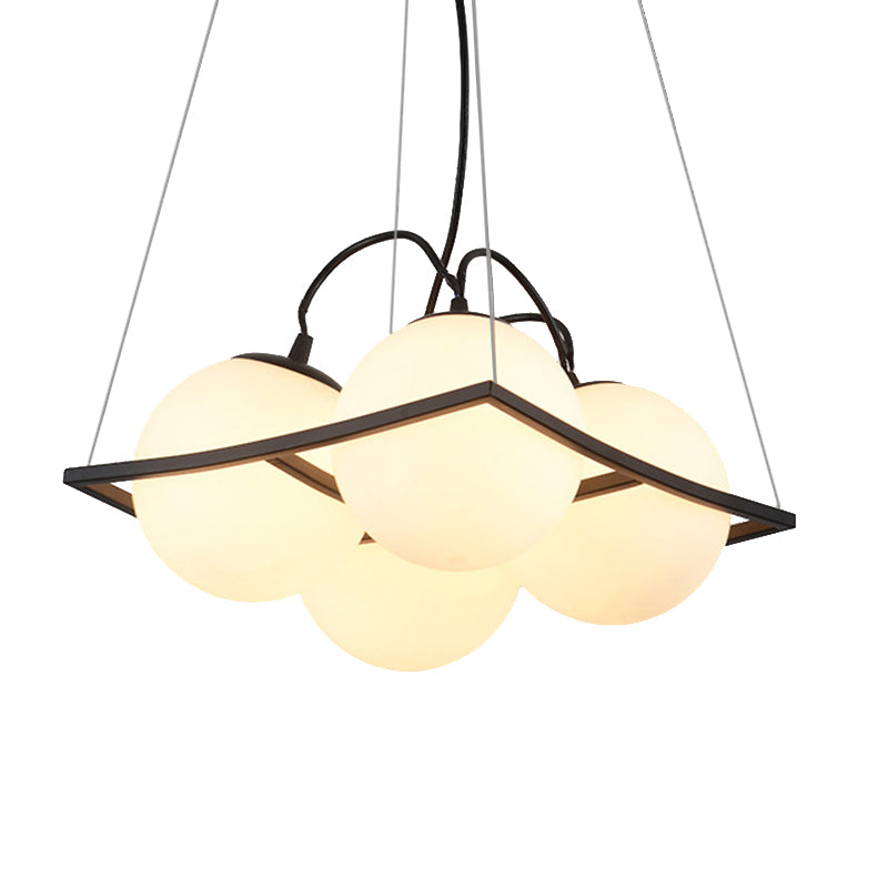 Globe Living Room Ceiling Chandelier Traditional Frosted Glass 4/9 Lights White Hanging Fixture with Square Frame Clearhalo 'Ceiling Lights' 'Chandeliers' Lighting' options 211718