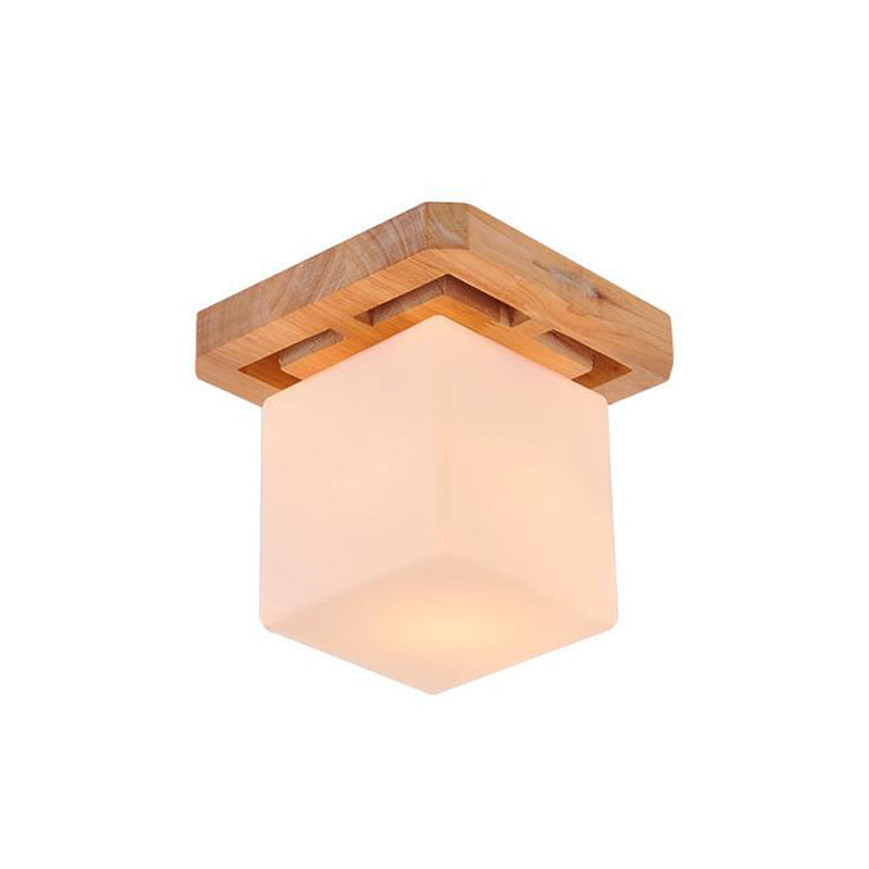 Cube Flush Mount Minimalist Milk Glass Beige LED Flush Mount Lamp with Wood Canopy Clearhalo 'Ceiling Lights' 'Close To Ceiling Lights' 'Close to ceiling' 'Flush mount' Lighting' 211969