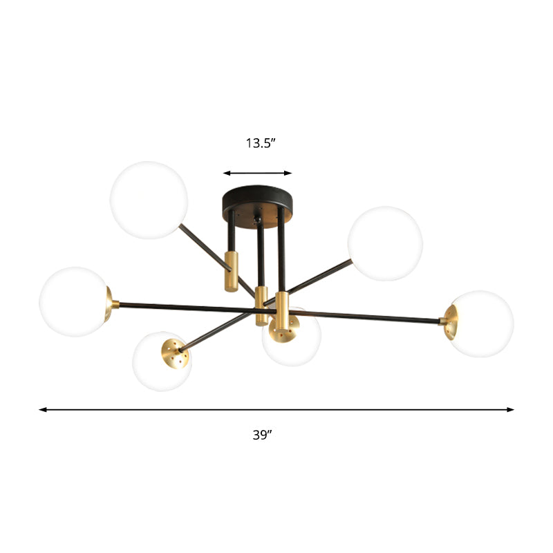 Cream Glass Sphere Semi Flush Mount Modernist 4/6/8 Lights Black Semi Flush Mount Light Fixture with Linear Arm Clearhalo 'Ceiling Lights' 'Close To Ceiling Lights' 'Close to ceiling' 'Glass shade' 'Glass' 'Semi-flushmount' Lighting' 212151
