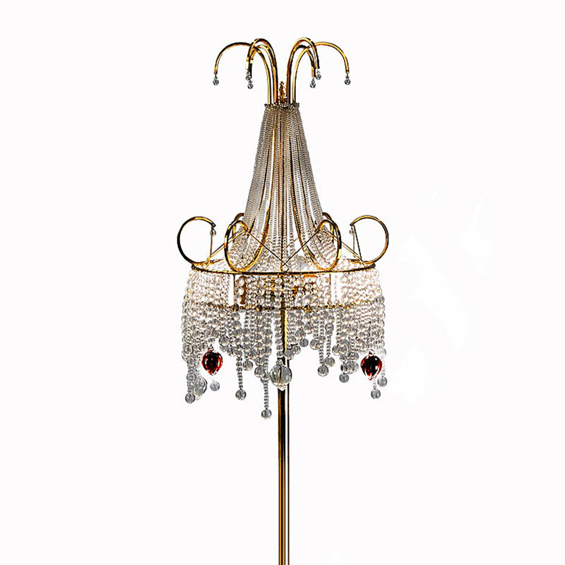 Tassel Living Room Floor Lamp Crystal 2 Bulbs Postmodern Style Standing Light with Scroll Decor in Gold Clearhalo 'Floor Lamps' 'Lamps' Lighting' 2121535