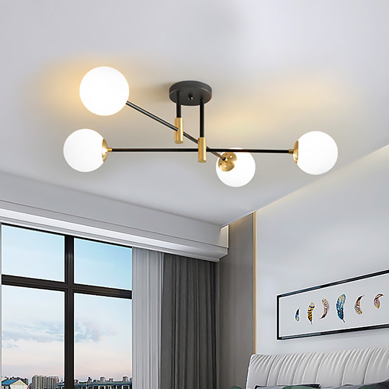 Cream Glass Sphere Semi Flush Mount Modernist 4/6/8 Lights Black Semi Flush Mount Light Fixture with Linear Arm 4 Cream Clearhalo 'Ceiling Lights' 'Close To Ceiling Lights' 'Close to ceiling' 'Glass shade' 'Glass' 'Semi-flushmount' Lighting' 212155