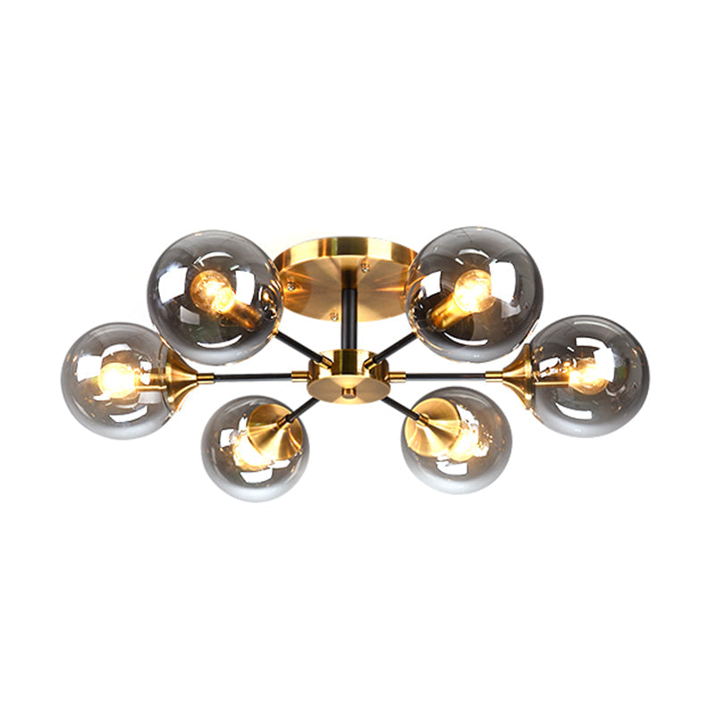 Round Semi Flush Lighting Modern White/Orange and Yellow/Smoke Glass 3/6/8 Lights Gold Led Flush Mount Light Fixture for Living Room in Warm Light Clearhalo 'Ceiling Lights' 'Close To Ceiling Lights' 'Close to ceiling' 'Glass shade' 'Glass' 'Semi-flushmount' Lighting' 212182