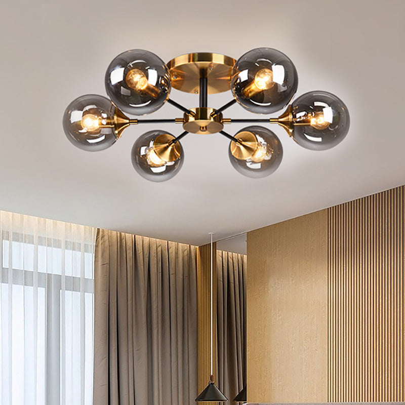 Round Semi Flush Lighting Modern White/Orange and Yellow/Smoke Glass 3/6/8 Lights Gold Led Flush Mount Light Fixture for Living Room in Warm Light Clearhalo 'Ceiling Lights' 'Close To Ceiling Lights' 'Close to ceiling' 'Glass shade' 'Glass' 'Semi-flushmount' Lighting' 212195