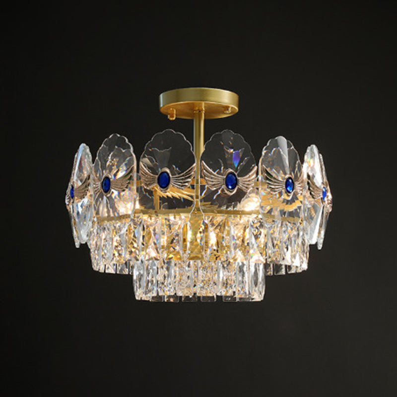 Tiered Semi Flush Light Artistic Beveled Crystal Living Room Flush Ceiling Light Fixture in Gold Gold 19" Clearhalo 'Ceiling Lights' 'Close To Ceiling Lights' 'Close to ceiling' 'Semi-flushmount' Lighting' 2136223