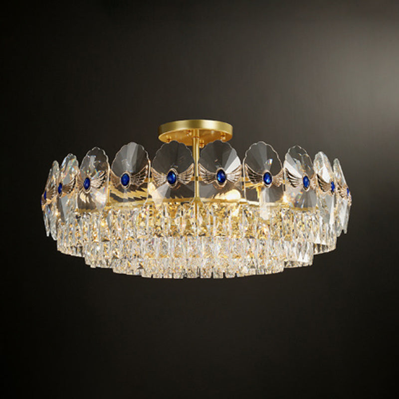 Tiered Semi Flush Light Artistic Beveled Crystal Living Room Flush Ceiling Light Fixture in Gold Gold 31.5" Clearhalo 'Ceiling Lights' 'Close To Ceiling Lights' 'Close to ceiling' 'Semi-flushmount' Lighting' 2136224