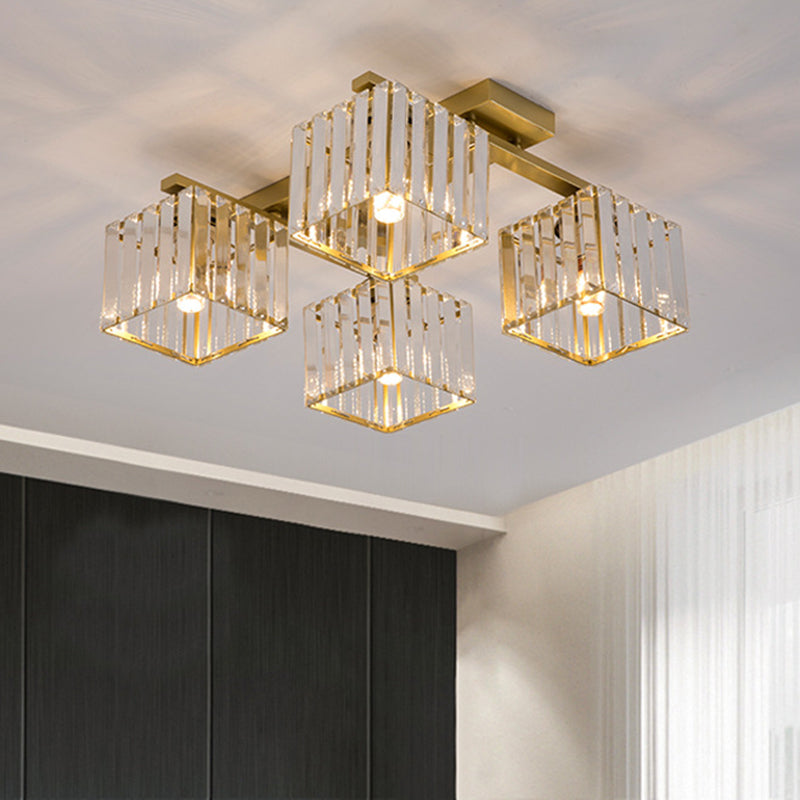 Artistic Square Flush Light Tri-Prism Crystal Living Room Flush Ceiling Light Fixture 4 Gold Clearhalo 'Ceiling Lights' 'Close To Ceiling Lights' 'Close to ceiling' 'Flush mount' Lighting' 2136259