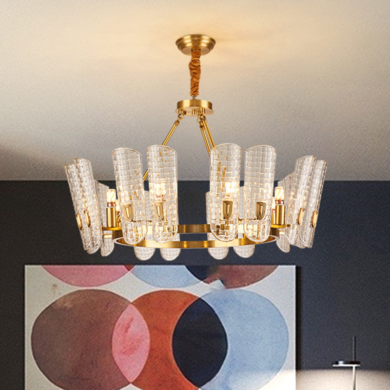 Gold Curved Chandelier Pendant Light Post-Modern Grid Glass Hanging Light for Dining Room 8 Gold Clearhalo 'Ceiling Lights' 'Chandeliers' 'Modern Chandeliers' 'Modern' Lighting' 2136414