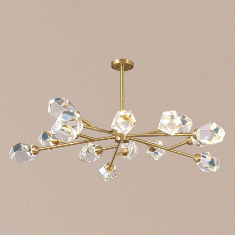 Minimalist Branch Chandelier Lighting Metallic Living Room Pendant Light with Beveled Crystal Shade in Gold 15 Gold Clearhalo 'Ceiling Lights' 'Chandeliers' 'Modern Chandeliers' 'Modern' Lighting' 2136443
