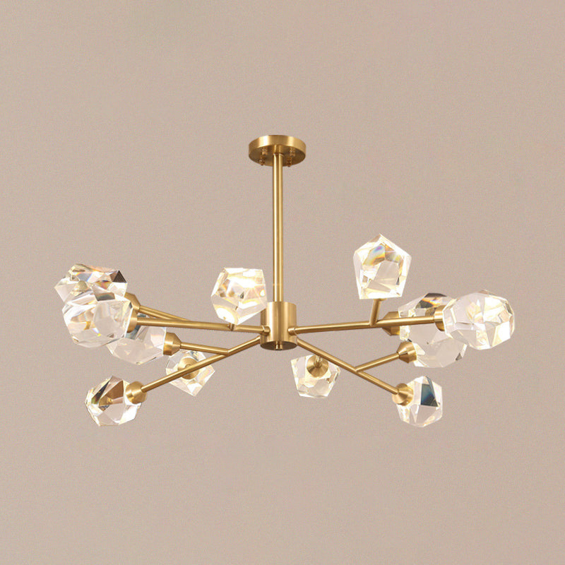 Minimalist Branch Chandelier Lighting Metallic Living Room Pendant Light with Beveled Crystal Shade in Gold 12 Gold Clearhalo 'Ceiling Lights' 'Chandeliers' 'Modern Chandeliers' 'Modern' Lighting' 2136444