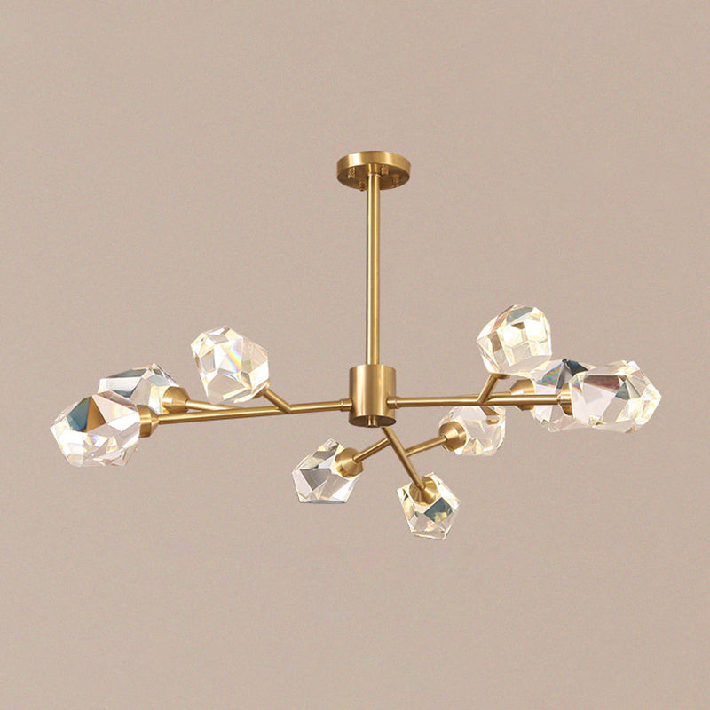 Minimalist Branch Chandelier Lighting Metallic Living Room Pendant Light with Beveled Crystal Shade in Gold 9 Gold Clearhalo 'Ceiling Lights' 'Chandeliers' 'Modern Chandeliers' 'Modern' Lighting' 2136446