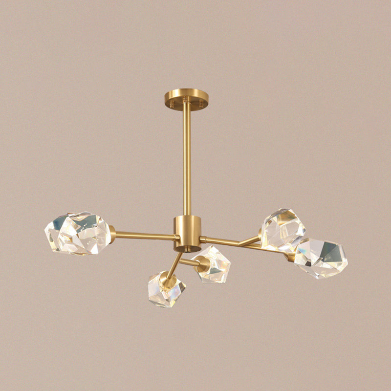 Minimalist Branch Chandelier Lighting Metallic Living Room Pendant Light with Beveled Crystal Shade in Gold 6 Gold Clearhalo 'Ceiling Lights' 'Chandeliers' 'Modern Chandeliers' 'Modern' Lighting' 2136447