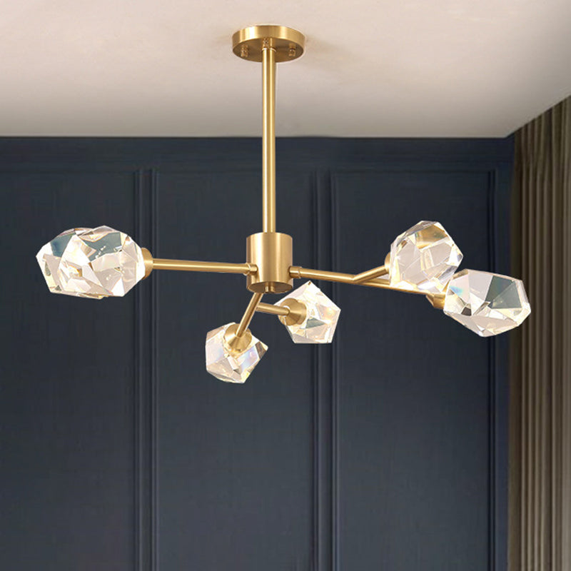 Minimalist Branch Chandelier Lighting Metallic Living Room Pendant Light with Beveled Crystal Shade in Gold Clearhalo 'Ceiling Lights' 'Chandeliers' 'Modern Chandeliers' 'Modern' Lighting' 2136448