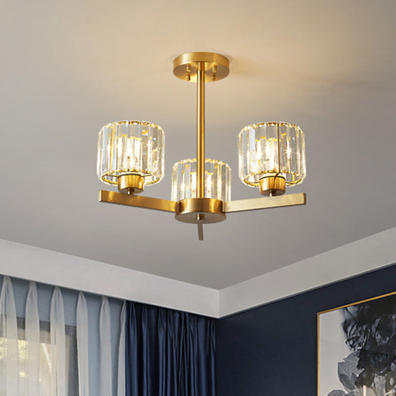Cylinder Tri-Prism Crystal Chandelier Light Simplicity 3 Bulbs Gold Pendant Light Fixture Clearhalo 'Ceiling Lights' 'Chandeliers' 'Modern Chandeliers' 'Modern' Lighting' 2136530