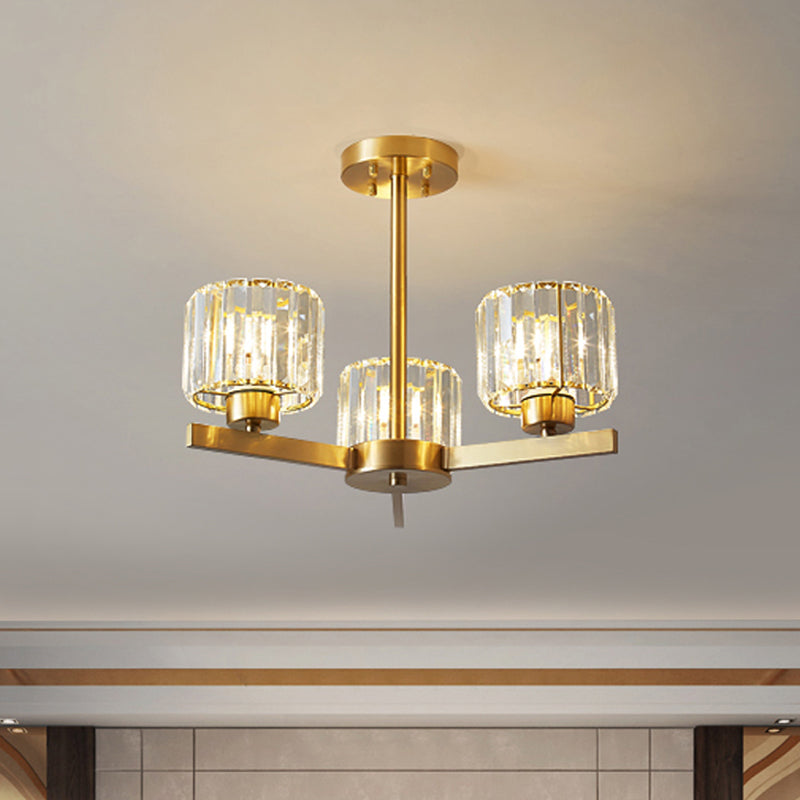 Cylinder Tri-Prism Crystal Chandelier Light Simplicity 3 Bulbs Gold Pendant Light Fixture Clearhalo 'Ceiling Lights' 'Chandeliers' 'Modern Chandeliers' 'Modern' Lighting' 2136531
