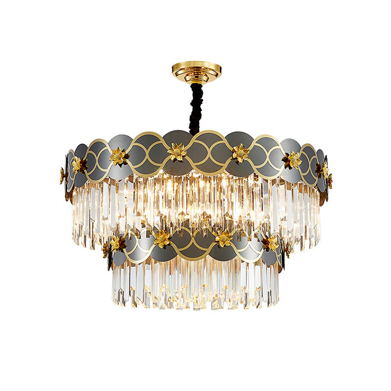 Floral Metallic Ceiling Lighting Postmodern Gold-Black Chandelier Light Fixture with Strip Crystal Decor 18 Gold-Black Clearhalo 'Ceiling Lights' 'Chandeliers' 'Modern Chandeliers' 'Modern' Lighting' 2136832