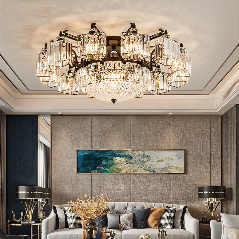 Clear Crystal Radial Flush Chandelier Traditional Living Room Semi Flush Mount Light in Black 16 Black Clearhalo 'Ceiling Lights' 'Close To Ceiling Lights' 'Close to ceiling' 'Semi-flushmount' Lighting' 2137817