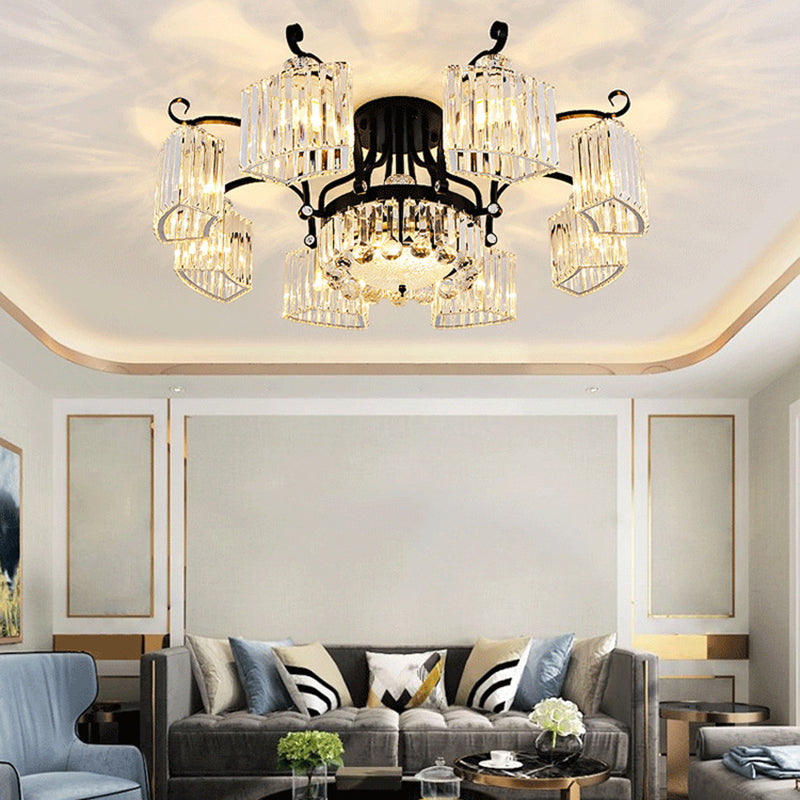 Crystal Prism Semi Flush Light Vintage Black Round Living Room Ceiling Mounted Lamp 11 Black Clearhalo 'Ceiling Lights' 'Close To Ceiling Lights' 'Close to ceiling' 'Flush mount' Lighting' 2137828