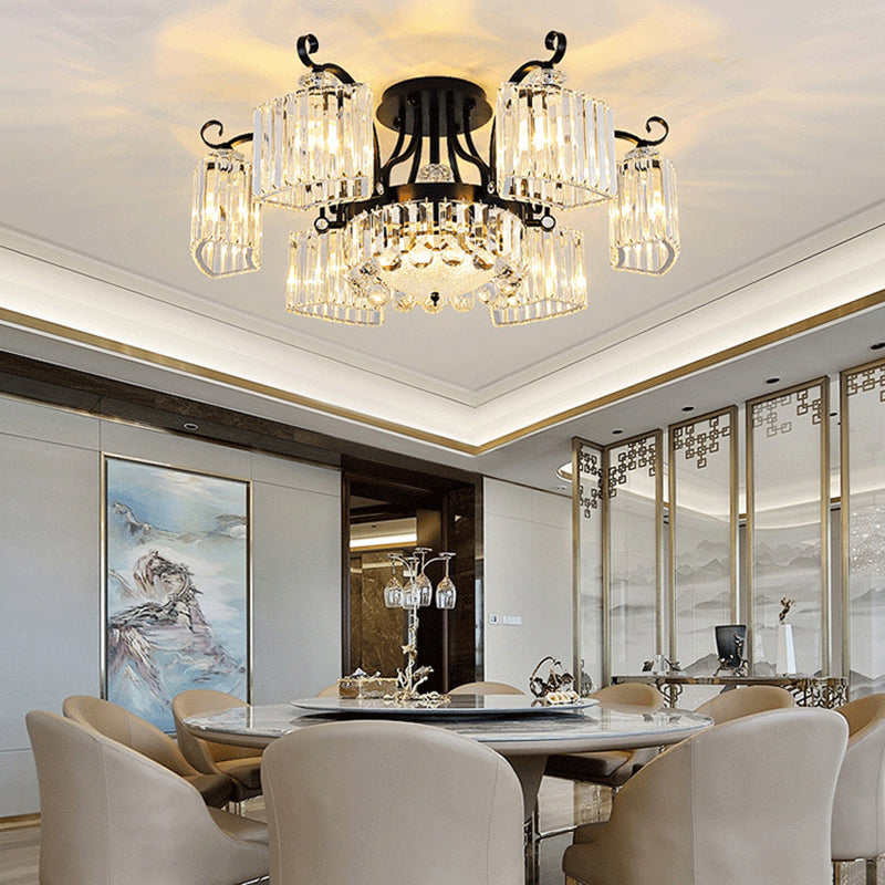 Crystal Prism Semi Flush Light Vintage Black Round Living Room Ceiling Mounted Lamp 9 Black Clearhalo 'Ceiling Lights' 'Close To Ceiling Lights' 'Close to ceiling' 'Flush mount' Lighting' 2137830