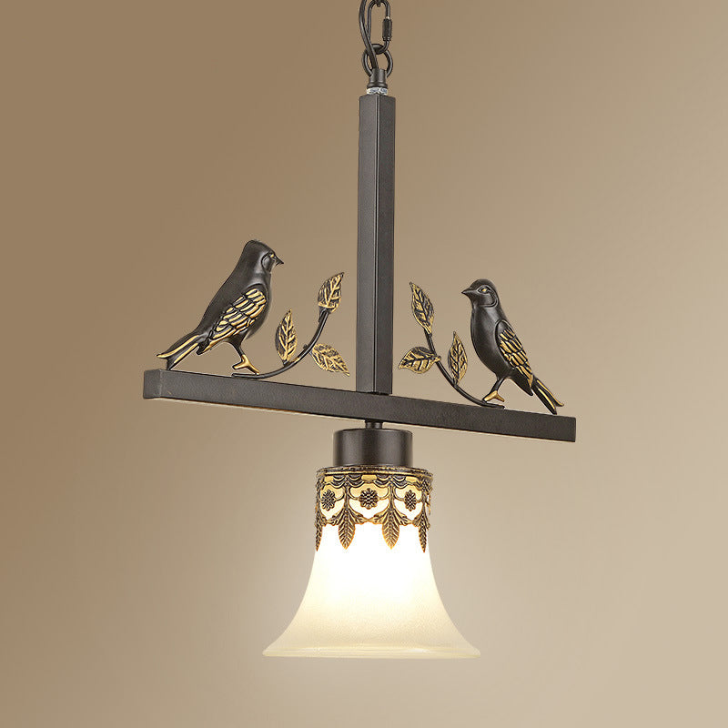 Black Conical Pendant Fixture Classical Frosted Glass 1 Light Living Room Hanging Ceiling Light with Bird Clearhalo 'Ceiling Lights' 'Glass shade' 'Glass' 'Pendant Lights' 'Pendants' Lighting' 213800