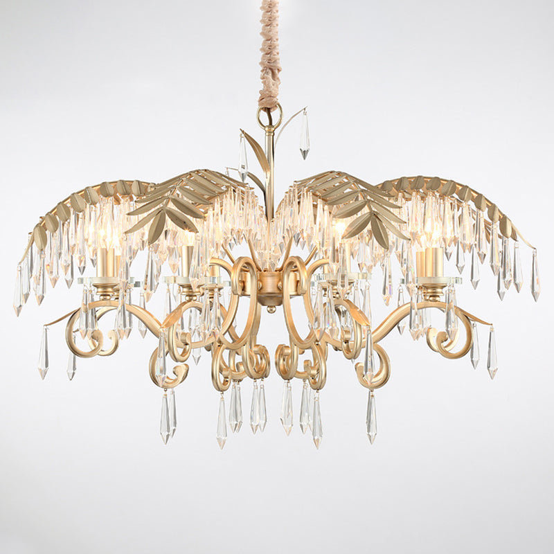 Crystal Palm Leaf Chandelier Colonial Style Dining Room Ceiling Suspension Lamp in Gold Clearhalo 'Ceiling Lights' 'Chandeliers' Lighting' options 2138137