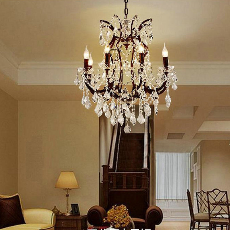 Vintage Candle Chandelier Pendant Light Crystal Draping Ceiling Hang Light in Rust Clearhalo 'Ceiling Lights' 'Chandeliers' Lighting' options 2138144