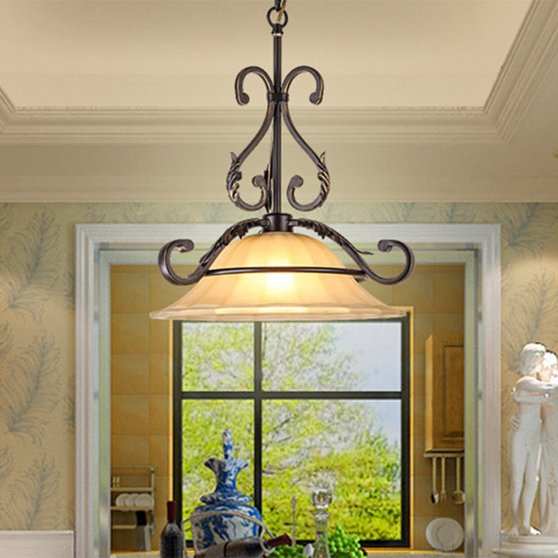 1 Light Pendant Lighting Classic Flared White Glass Hanging Ceiling Light in Black Clearhalo 'Ceiling Lights' 'Glass shade' 'Glass' 'Pendant Lights' 'Pendants' Lighting' 213829