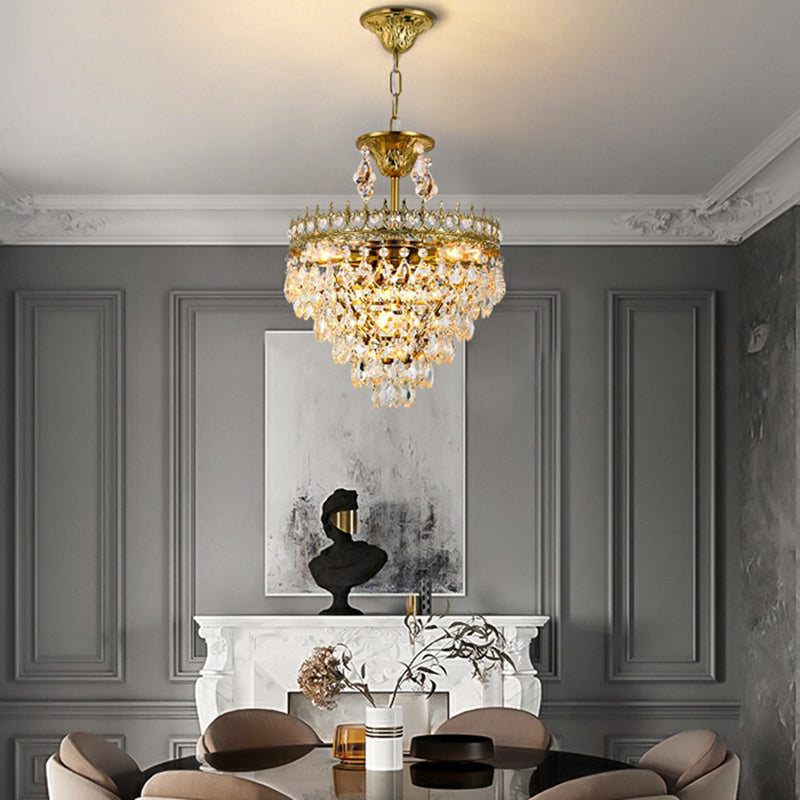 Victorian Crown Shaped Hanging Lamp Clear Teardrop Crystal Chandelier for Living Room Gold 14" Clearhalo 'Ceiling Lights' 'Chandeliers' Lighting' options 2138305_2b440598-63c7-4c85-8ed1-c1abc2a90a34