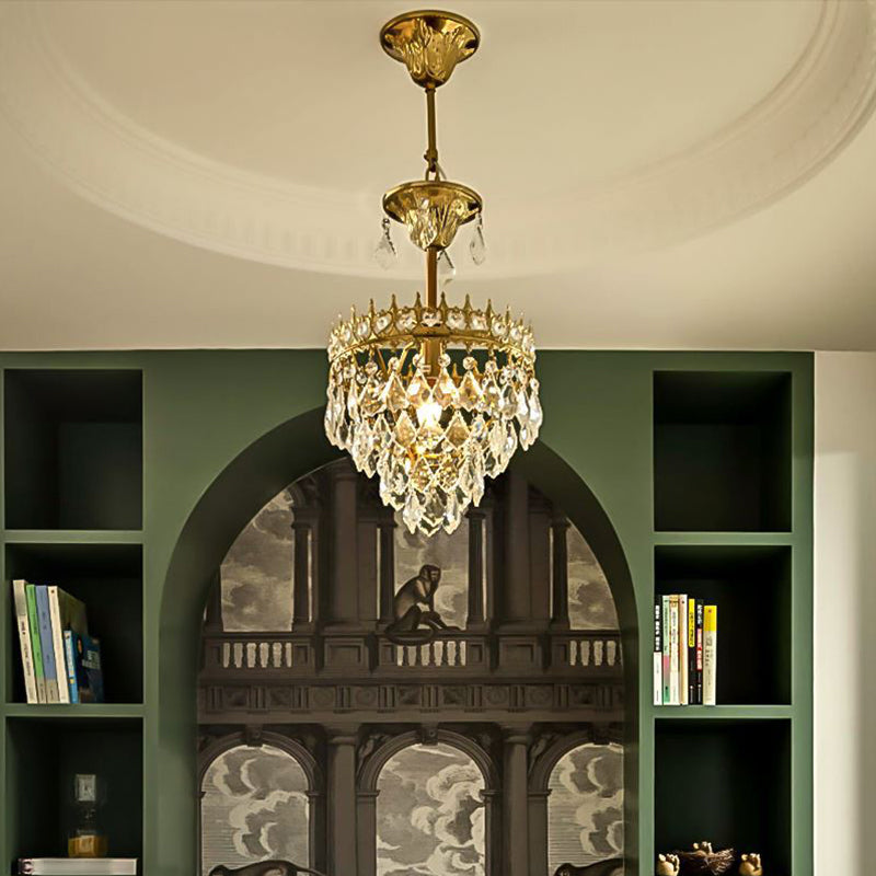 Victorian Crown Shaped Hanging Lamp Clear Teardrop Crystal Chandelier for Living Room Gold 10" Clearhalo 'Ceiling Lights' 'Chandeliers' Lighting' options 2138309_d5177e92-a2b2-4f31-aa7a-eab92fb1b86a