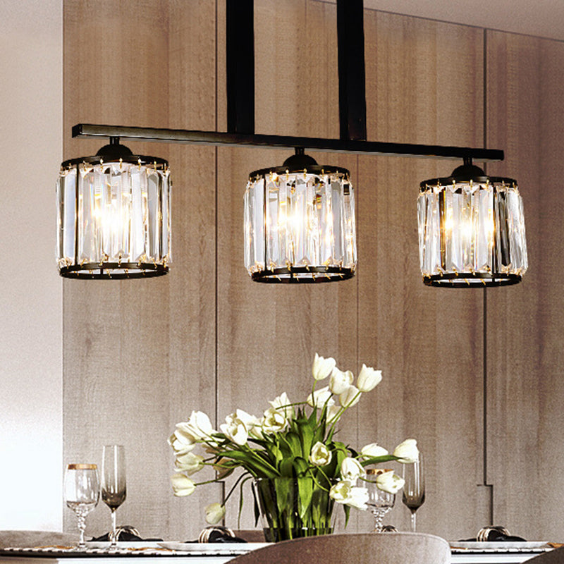 3-Light Cylindrical Island Pendant Rustic Black Prismatic Crystal Ceiling Pendant over Table Clearhalo 'Ceiling Lights' 'Island Lights' Lighting' 2138359