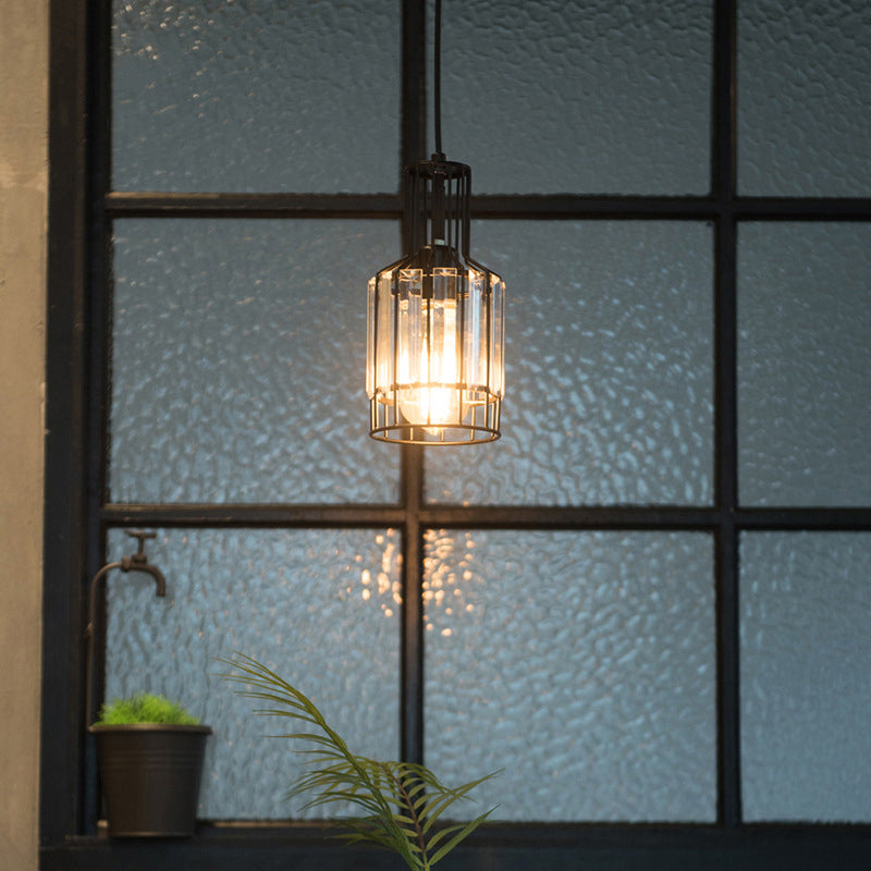 Iron Wire Cage Bottle Pendant Industrial 1-Light Dining Table Suspension Lamp in Black with Crystal Clearhalo 'Ceiling Lights' 'Pendant Lights' 'Pendants' Lighting' 2138370