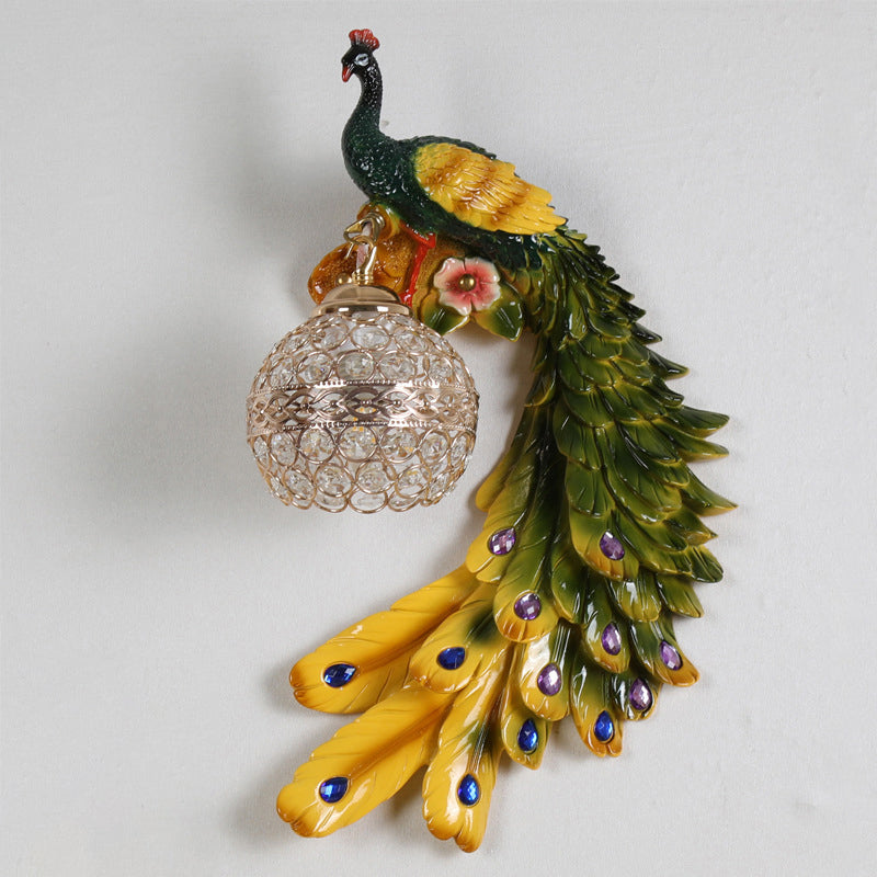 Peacock Shaped Corridor Wall Light Farmhouse Resin 1 Bulb Wall Sconce with Hemisphere Crystal Shade Multi-Color Right Clearhalo 'Wall Lamps & Sconces' 'Wall Lights' Lighting' 2138408