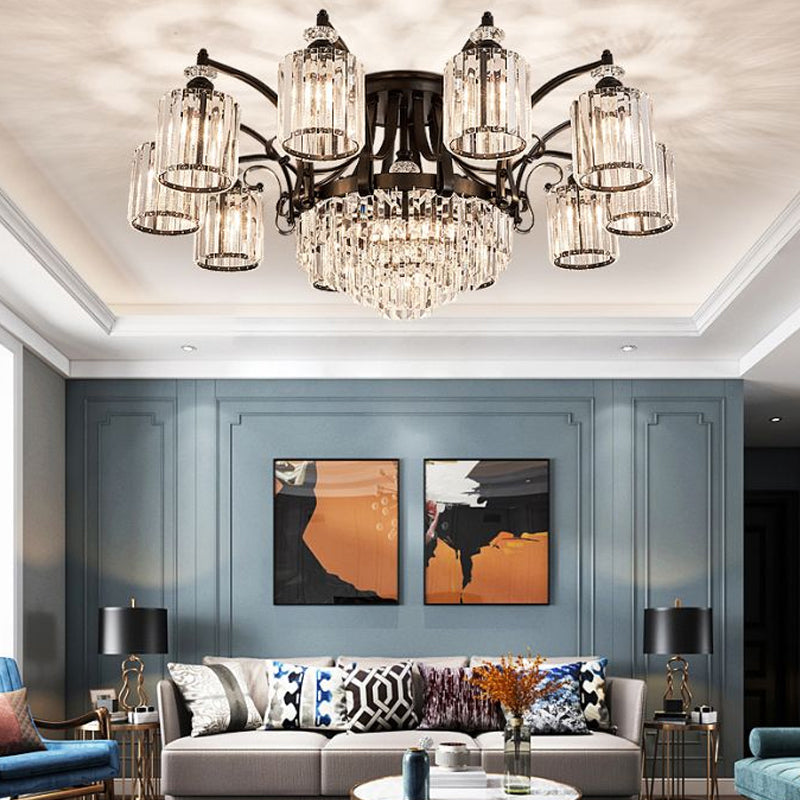 Cylindrical Crystal Flush Mount Light Modern Dining Room Semi Flush Ceiling Light in Black 13 Black Clearhalo 'Ceiling Lights' 'Close To Ceiling Lights' 'Close to ceiling' 'Semi-flushmount' Lighting' 2138493