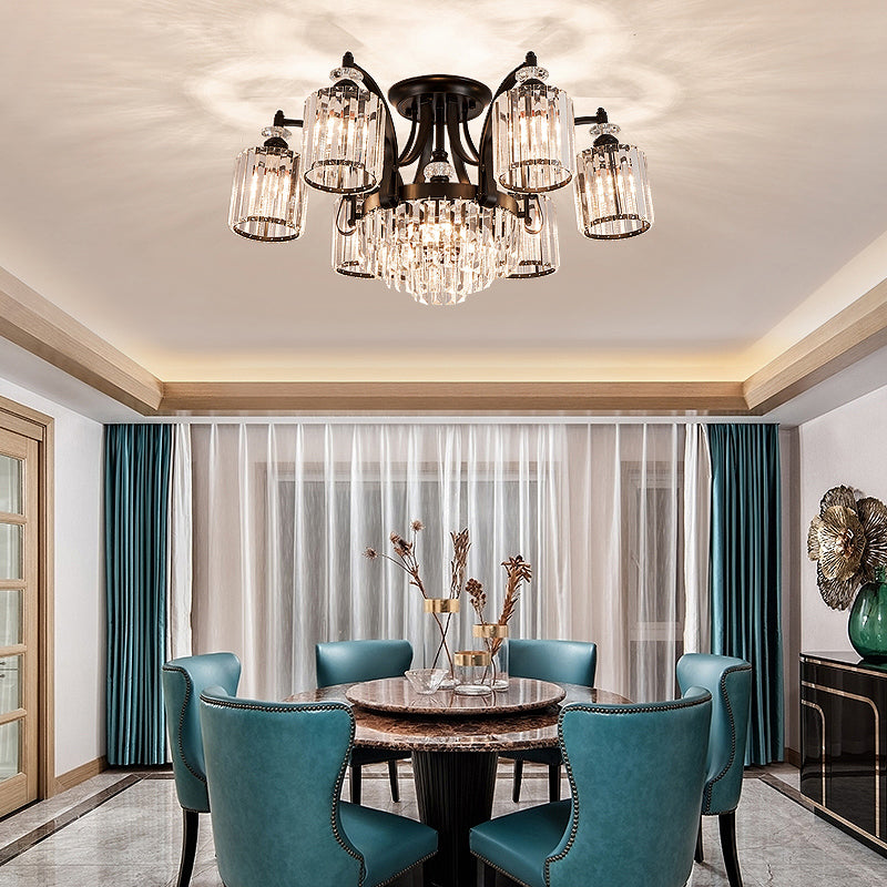 Cylindrical Crystal Flush Mount Light Modern Dining Room Semi Flush Ceiling Light in Black 8 Black Clearhalo 'Ceiling Lights' 'Close To Ceiling Lights' 'Close to ceiling' 'Semi-flushmount' Lighting' 2138498