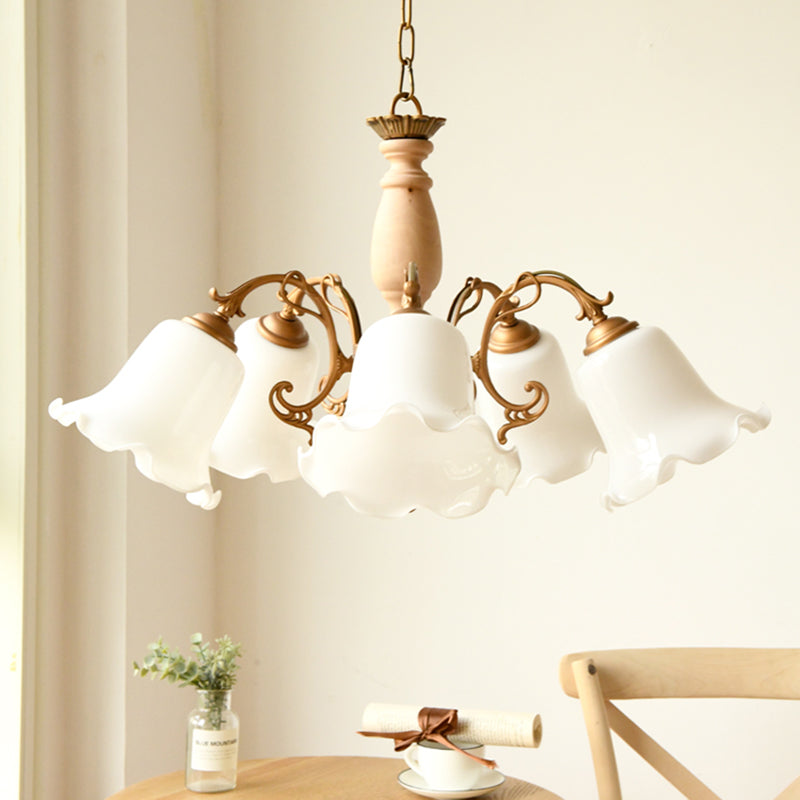 5 Lights Chandelier Light with Scalloped Metal Shade Traditional Dining Room Ceiling Lamp in White/Wood Wood Clearhalo 'Ceiling Lights' 'Chandeliers' Lighting' options 214138_98faa7d6-de54-4646-a8c2-c4934ab4918e