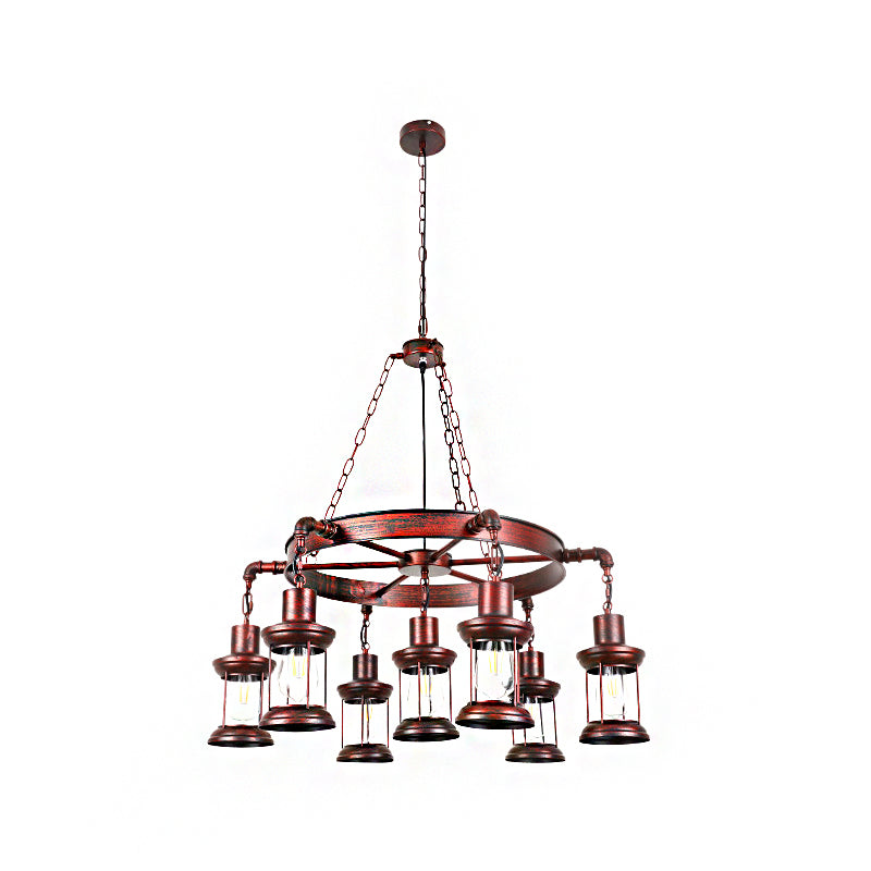 Weathered Copper 7 Lights Chandelier Light Fixture Coastal Metal Lantern Pendant Lamp with Gear/Circle Clearhalo 'Cast Iron' 'Ceiling Lights' 'Chandeliers' 'Industrial Chandeliers' 'Industrial' 'Metal' 'Middle Century Chandeliers' 'Rustic Chandeliers' 'Tiffany' Lighting' 214588