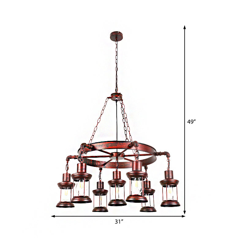 Weathered Copper 7 Lights Chandelier Light Fixture Coastal Metal Lantern Pendant Lamp with Gear/Circle Clearhalo 'Cast Iron' 'Ceiling Lights' 'Chandeliers' 'Industrial Chandeliers' 'Industrial' 'Metal' 'Middle Century Chandeliers' 'Rustic Chandeliers' 'Tiffany' Lighting' 214589