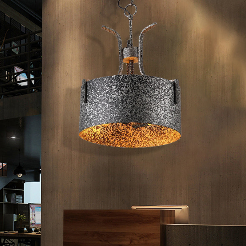 Metal Black Pendant Lamp Drum Shade 3-Light Vintage Chandelier Light Fixture with Elk, 12.5"/20" Wide Black 12.5" Clearhalo 'Cast Iron' 'Ceiling Lights' 'Chandeliers' 'Industrial Chandeliers' 'Industrial' 'Metal' 'Middle Century Chandeliers' 'Rustic Chandeliers' 'Tiffany' Lighting' 214613