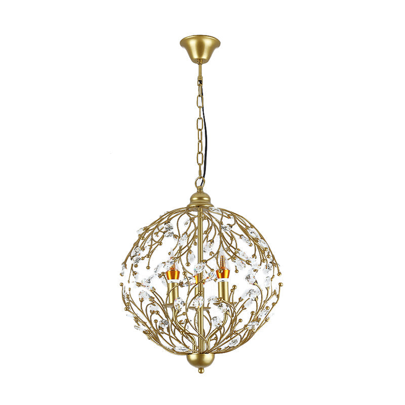 Globe Chandelier Lighting Antique Crystal 3 Lights Brass Hanging Ceiling Light for Dining Room Clearhalo 'Ceiling Lights' 'Chandeliers' 'Modern Chandeliers' 'Modern' Lighting' 214881