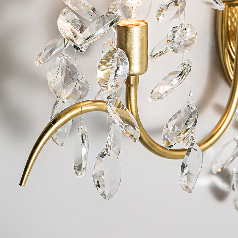 Curve Arm Wall Light Contemporary Metal 2 Light Brass Sconce Light with Clear Crystal Strand Clearhalo 'Modern wall lights' 'Modern' 'Wall Lamps & Sconces' 'Wall Lights' Lighting' 214907