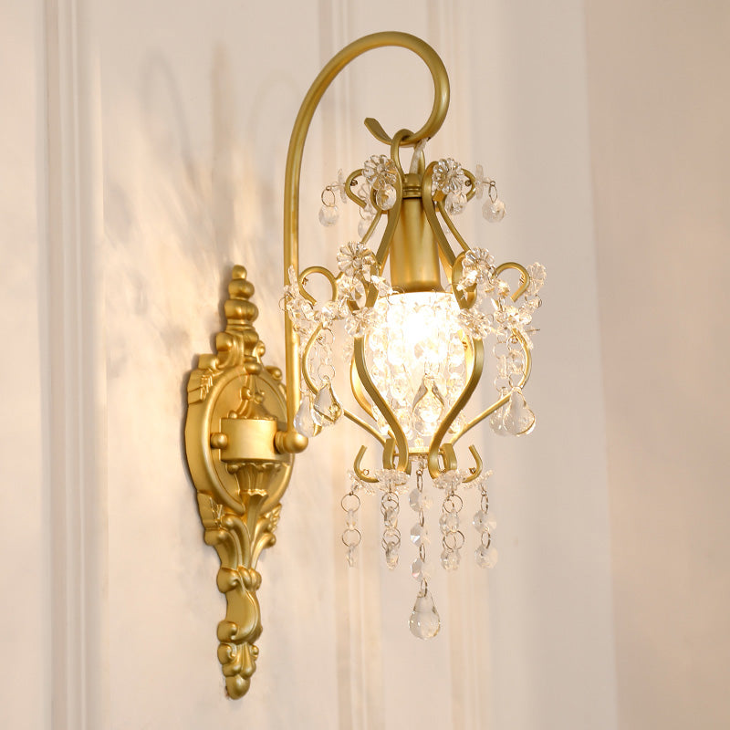 Modern Lantern Wall Mount Light Metal 1 Light Corridor Sconce Light in Gold with Crystal Drop Clearhalo 'Modern wall lights' 'Modern' 'Wall Lamps & Sconces' 'Wall Lights' Lighting' 214948