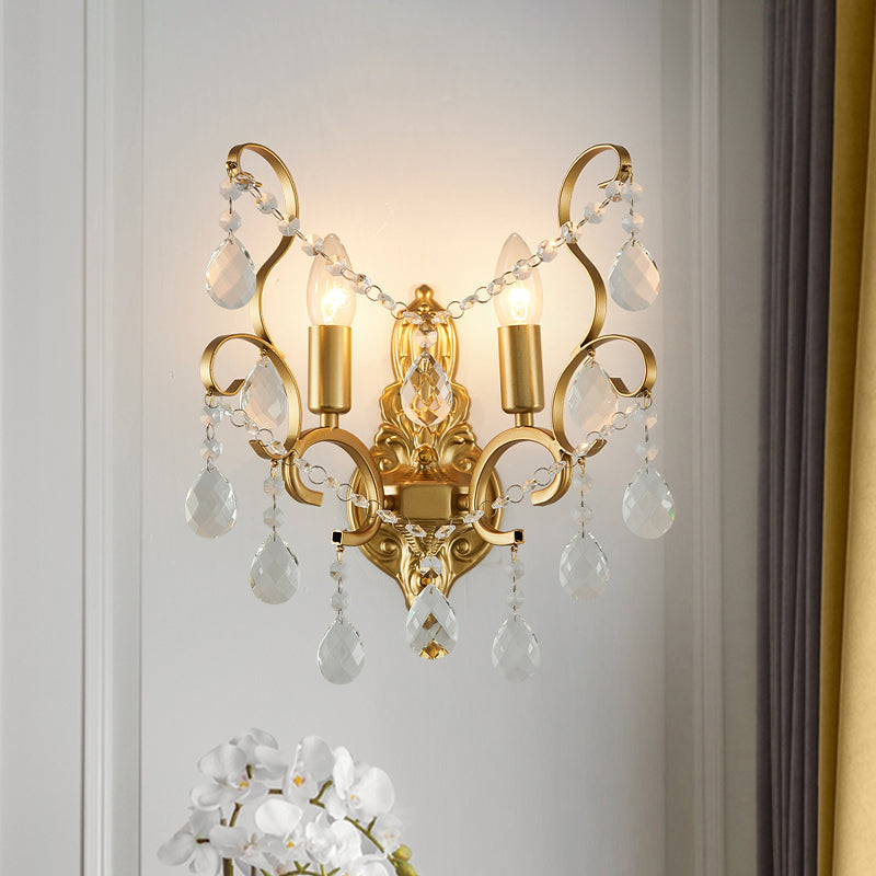 Brass Curve Arm Wall Mount Light Modernism 1/2 Lights Metal Flush Mount Wall Sconce with Teardrop Crystal Decoration 2.0 Brass Clearhalo 'Modern wall lights' 'Modern' 'Wall Lamps & Sconces' 'Wall Lights' Lighting' 214971