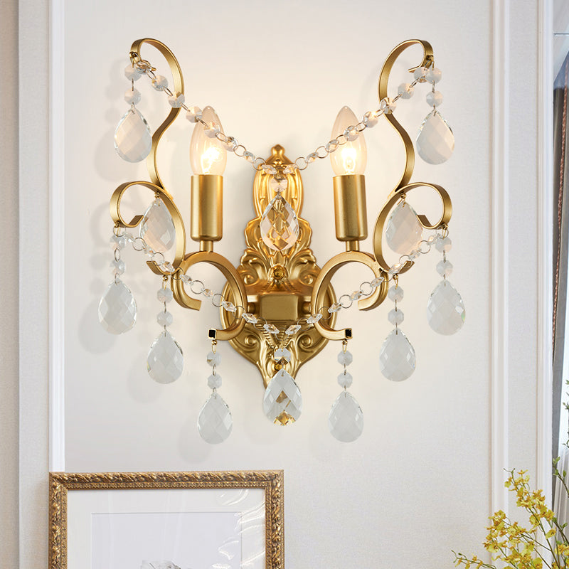 Brass Curve Arm Wall Mount Light Modernism 1/2 Lights Metal Flush Mount Wall Sconce with Teardrop Crystal Decoration Clearhalo 'Modern wall lights' 'Modern' 'Wall Lamps & Sconces' 'Wall Lights' Lighting' 214972