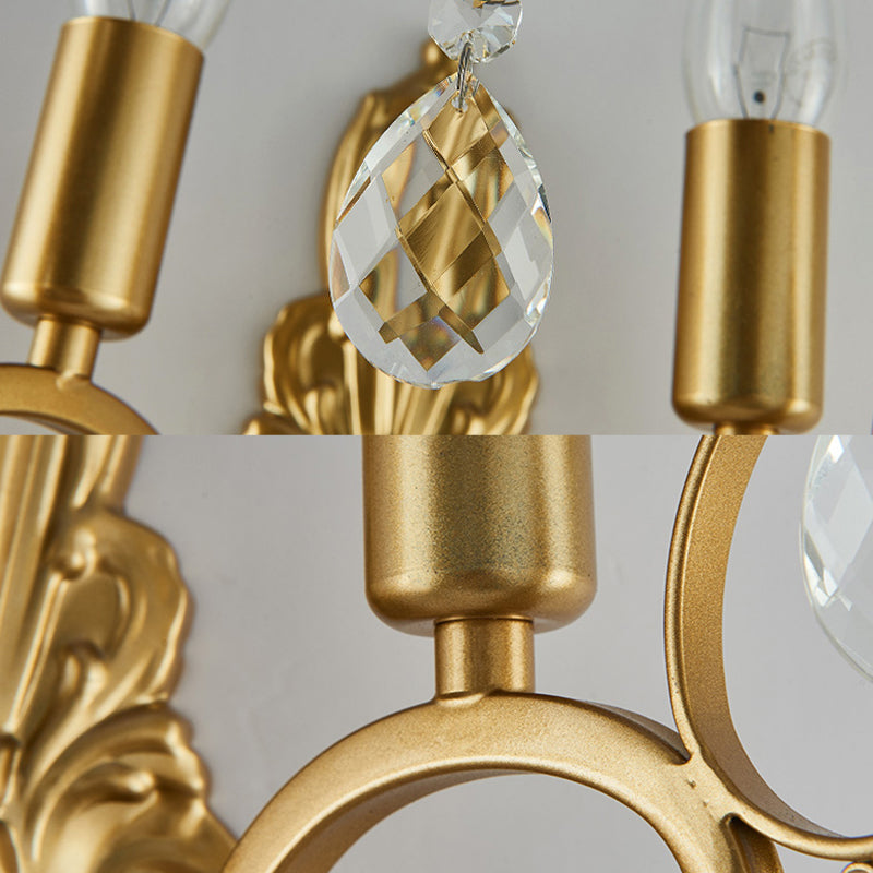 Brass Curve Arm Wall Mount Light Modernism 1/2 Lights Metal Flush Mount Wall Sconce with Teardrop Crystal Decoration Clearhalo 'Modern wall lights' 'Modern' 'Wall Lamps & Sconces' 'Wall Lights' Lighting' 214976