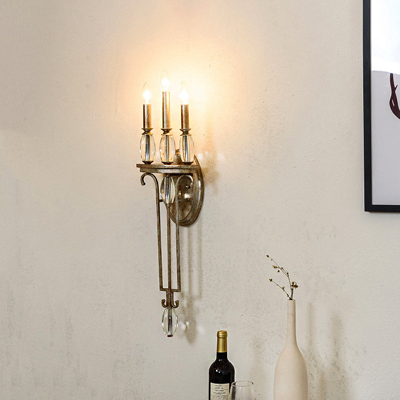 Vintage Candelabra Aged Silver Metal Sconce Light 3 Light Wall Mount Light with Crystal Drop Clearhalo 'Modern wall lights' 'Modern' 'Wall Lamps & Sconces' 'Wall Lights' Lighting' 214999