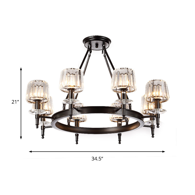 Black Barrel Hanging Light Fixture Vintage 3/6/8 Lights Metal Chandelier Light with Prismatic Glass Shade Clearhalo 'Ceiling Lights' 'Chandeliers' 'Modern Chandeliers' 'Modern' Lighting' 215254